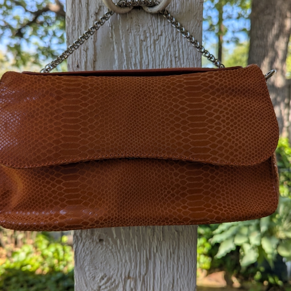 CHEZ Fine Leather Women’s Orange Faux-Snakeskin Shoulder Bag with Chain Strap